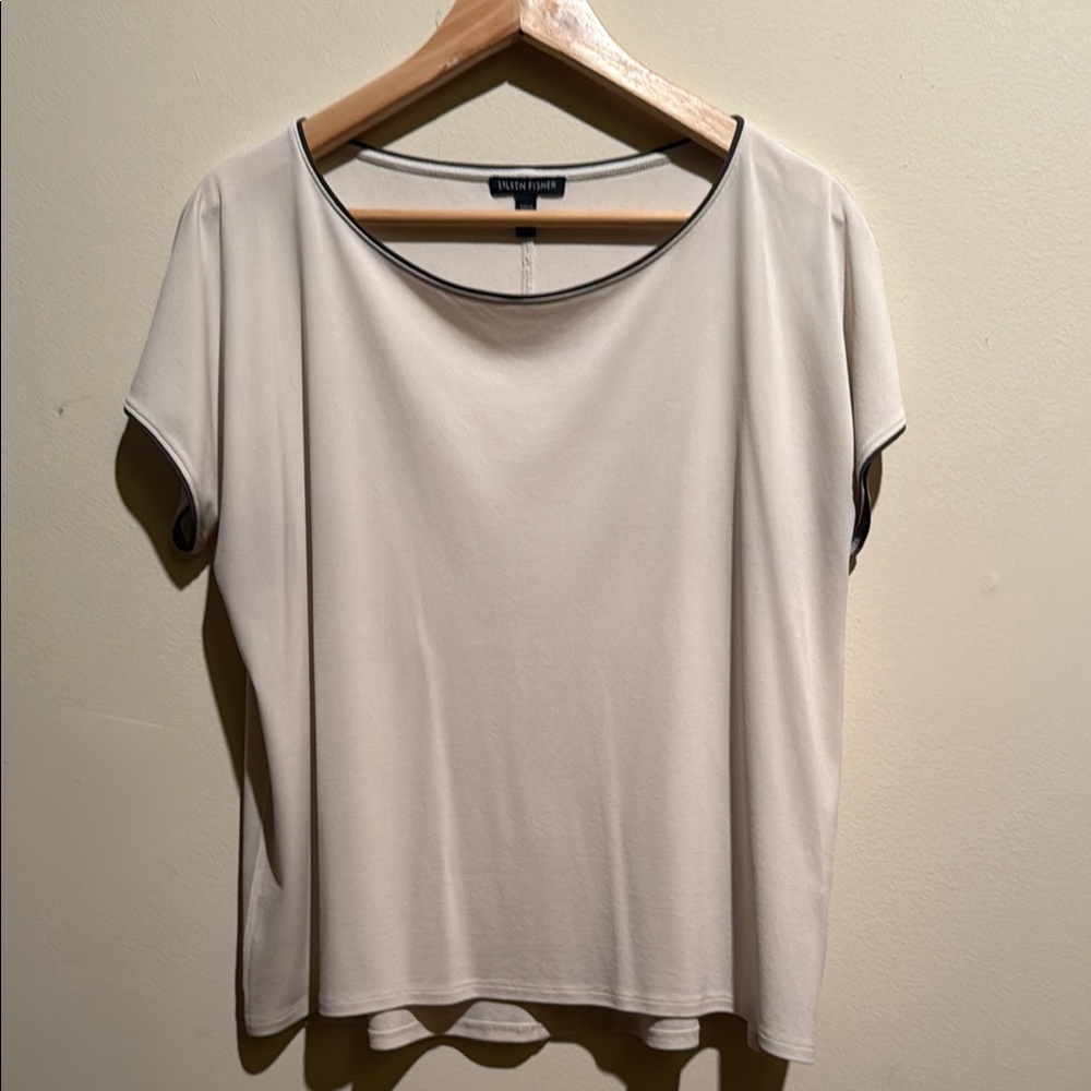 Eileen Fisher silk ivory blouse with gray piping